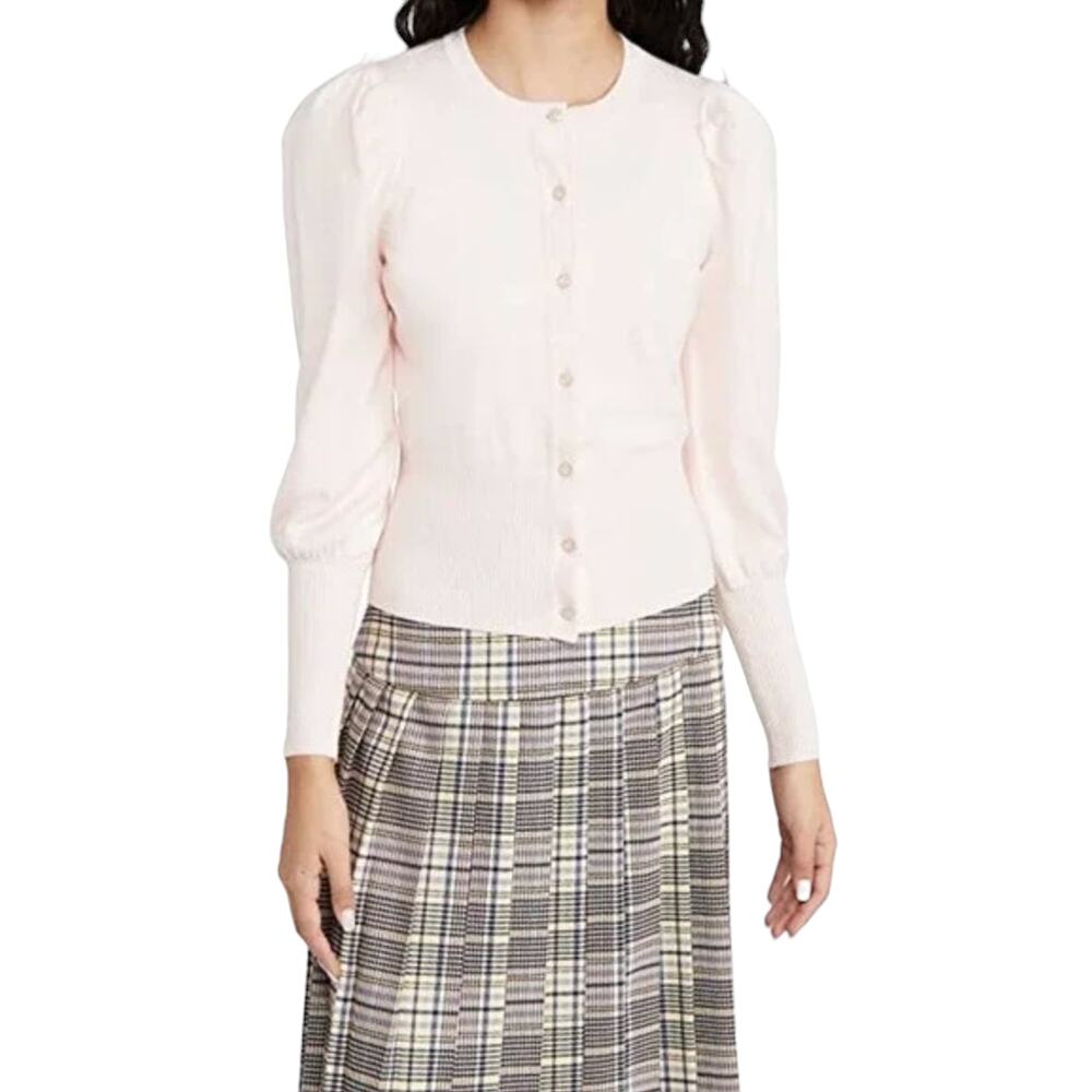 525 Pink Puff Sleeve Ribbed Edge Cropped Cardigan Sweater